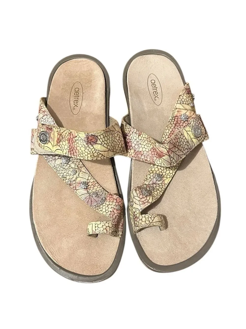 AETREX Izzy Adjustable Slide Sandals Rose Cream Gold Snakeskin Silvertone Studs